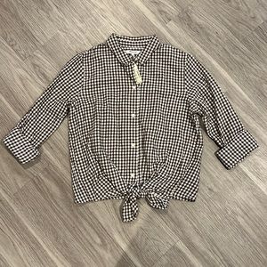 Madewell brown and white checkered front tie shirt